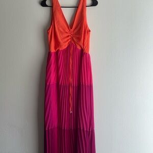 Taylor Orange and Fuchsia Colorblock Pleated Maxi Dress